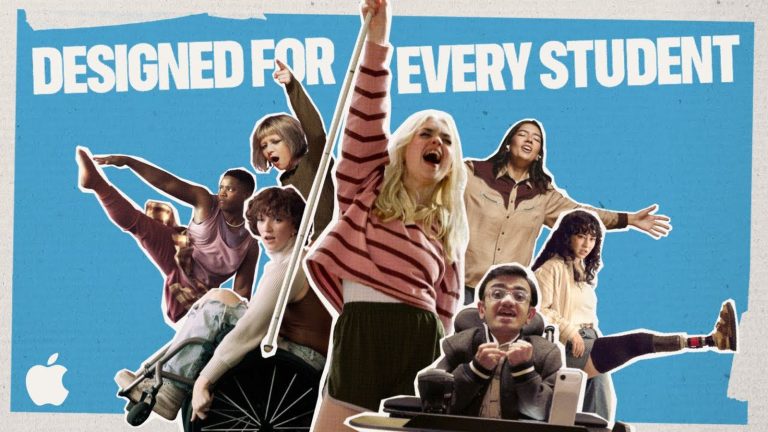 A collage-style image showing a diverse group of students with and without disabilities celebrating and moving expressively against a blue background. Several students use mobility aids, including a wheelchair and crutches, while others dance, jump or raise their arms with excitement. The words “Designed for Every Student” appear across the top, with an Apple logo in the corner, emphasizing inclusive design and accessibility in education.