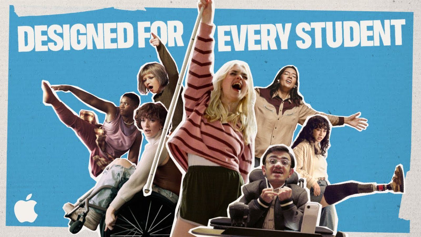 A collage-style image showing a diverse group of students with and without disabilities celebrating and moving expressively against a blue background. Several students use mobility aids, including a wheelchair and crutches, while others dance, jump or raise their arms with excitement. The words “Designed for Every Student” appear across the top, with an Apple logo in the corner, emphasizing inclusive design and accessibility in education.