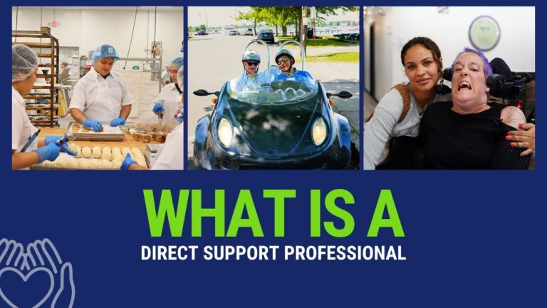 Three photos sit above bold text on a navy blue background. In the first photo, several people wearing hairnets and blue gloves work together at a bakery station, shaping and placing cookie dough on trays. In the second, two people wearing helmets and sunglasses ride together in a small black convertible cart, parked outdoors near a grassy lot with trees and parked vehicles in the background. In the third, a woman with curly hair smiles gently while leaning close to another woman with short purple hair seated in a wheelchair, mouth open mid-expression, indoors. Below the photos, bold green text reads What Is A, followed by white text reading Direct Support Professional. In the bottom left corner is a white outline icon of two hands cupped around a heart.