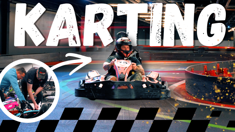 A YouTube thumbnail for a karting video. Large distressed white text across the top reads “KARTING.” In the center, a driver wearing a helmet races a red go-kart around an indoor track with motion blur and glowing sparks to emphasize speed. On the left, a circular inset photo shows two men leaning over a kart and working on it, suggesting maintenance or preparation. A white arrow connects the inset image to the main racing scene. Along the bottom is a black-and-white checkered pattern resembling a racing finish flag.