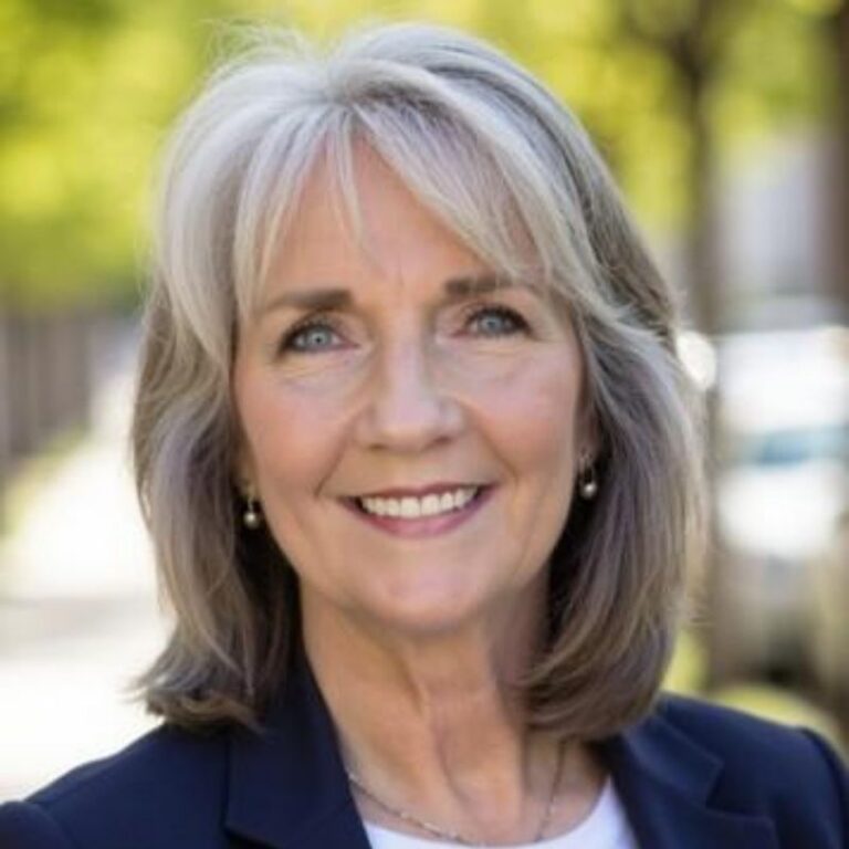 A woman with shoulder-length gray and blonde hair with side-swept bangs smiles warmly against a blurred outdoor background of greenery and a light-colored building. She wears a navy blazer over a white top, with pearl stud earrings and a thin necklace.