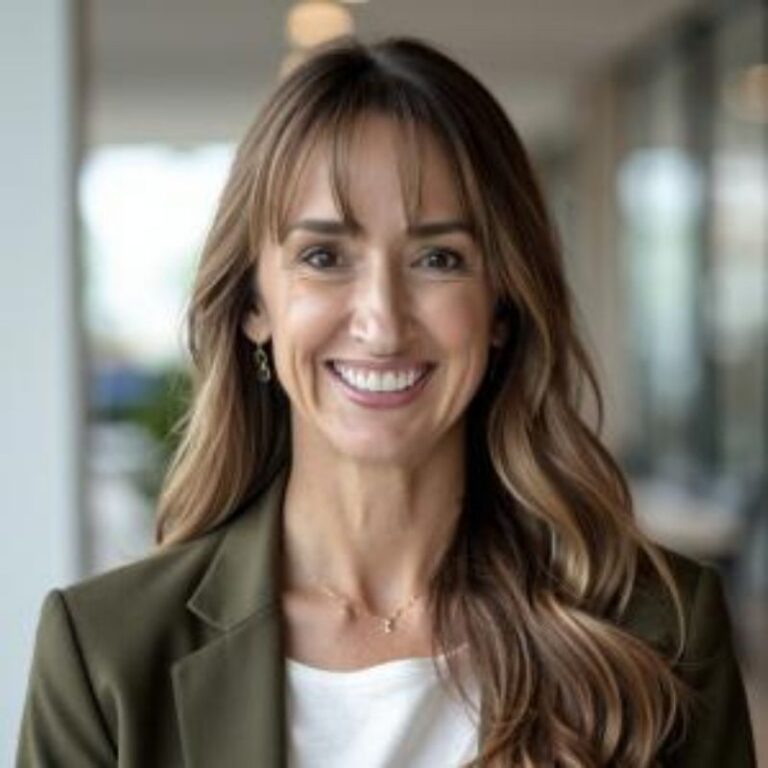 A woman with long wavy brown hair and side-swept bangs smiles broadly in an indoor office setting with blurred glass walls and greenery behind her. She wears an olive green blazer over a white top with a delicate gold necklace and dangling earrings.