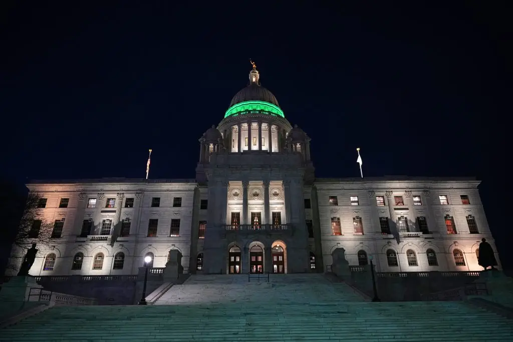 Rhode Island State House lit up green for Developmental Disability Awareness Month