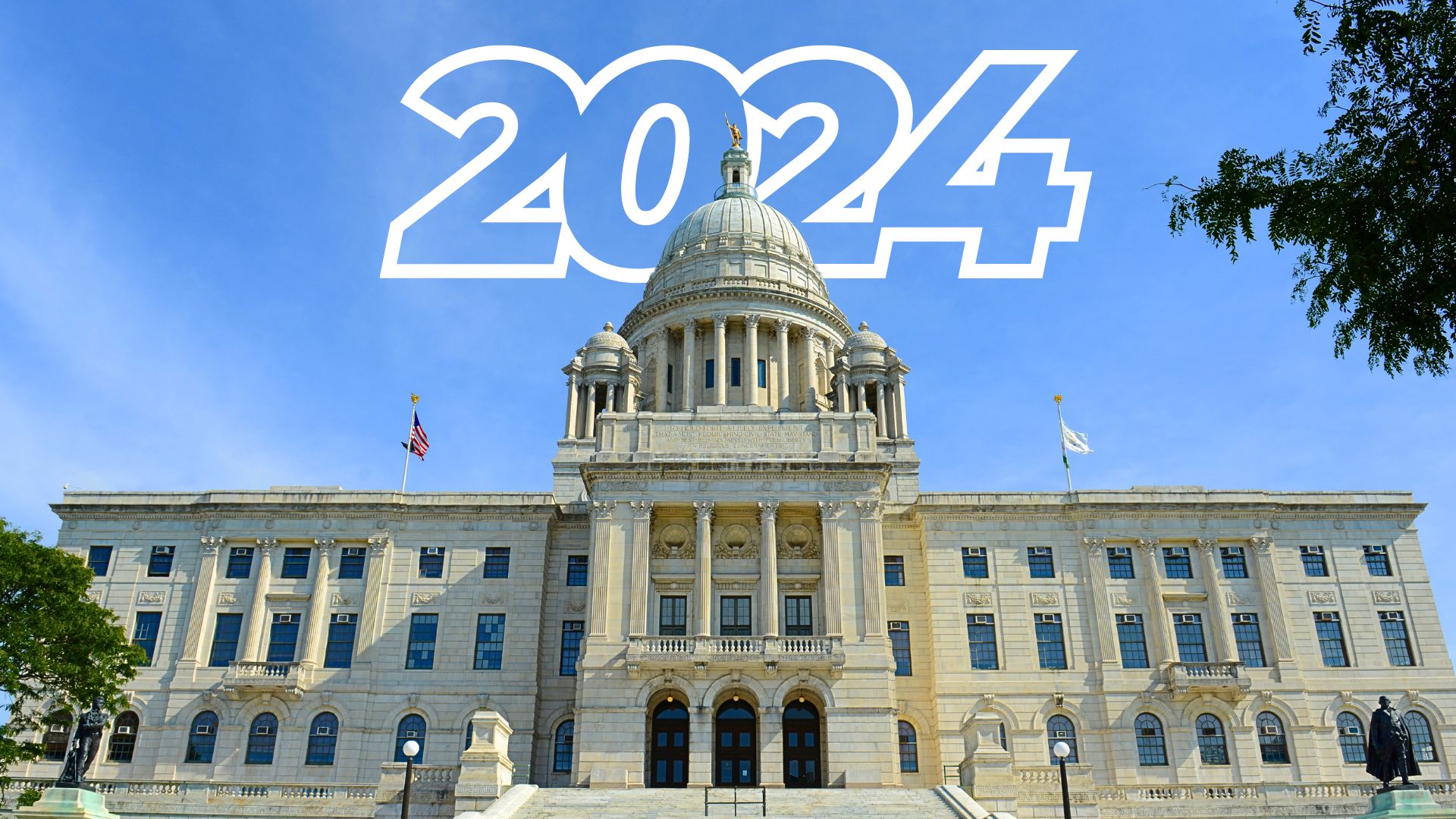 The Rhode Island State House on a sunny day. Text reads 2024.