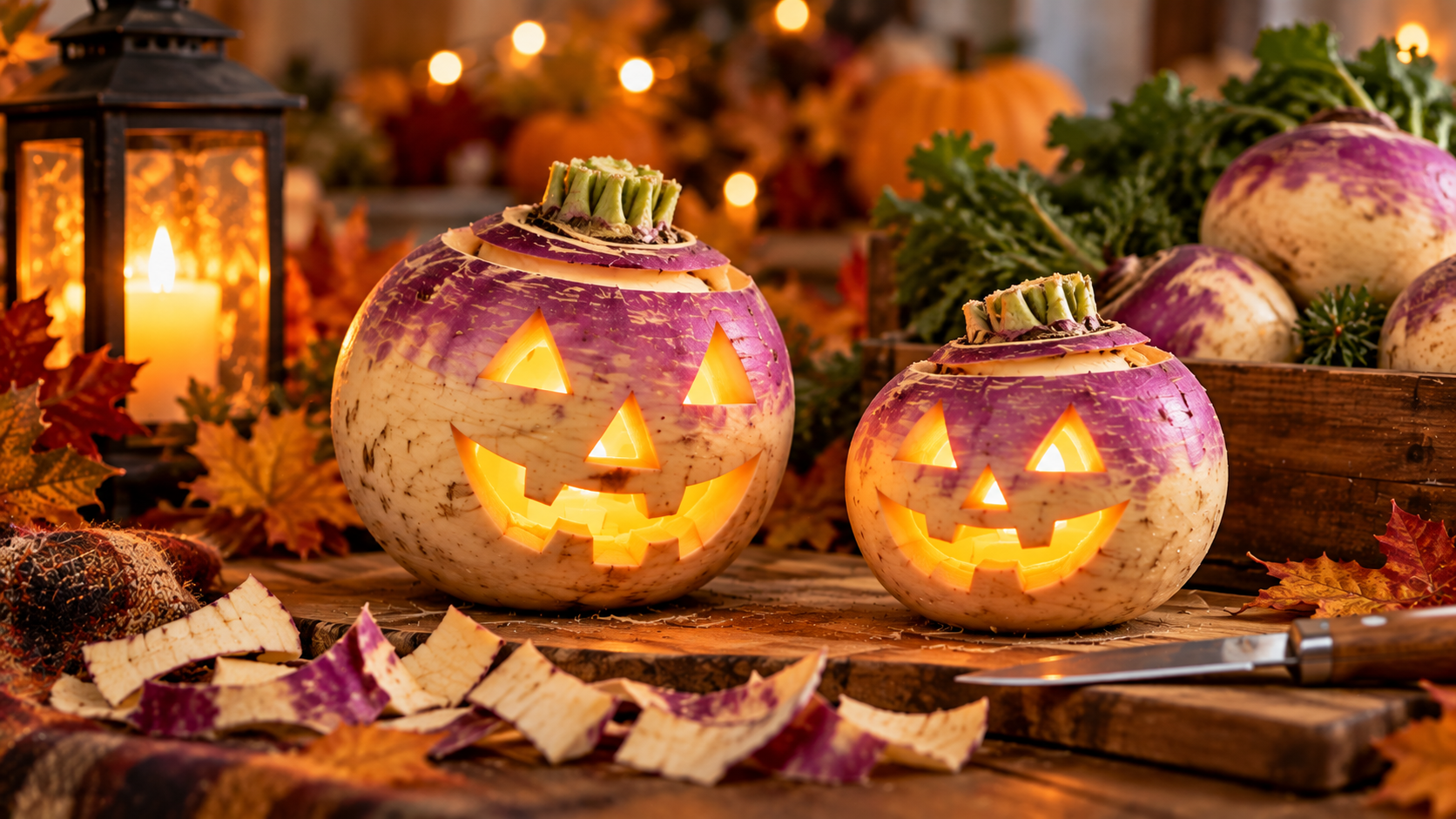 Two glowing jack-o’-lanterns carved from turnips sit on a wooden table surrounded by autumn leaves, turnip peelings, carving tools, and warm lantern light.