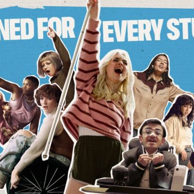 A collage-style image showing a diverse group of students with and without disabilities celebrating and moving expressively against a blue background. Several students use mobility aids, including a wheelchair and crutches, while others dance, jump or raise their arms with excitement. The words “Designed for Every Student” appear across the top, with an Apple logo in the corner, emphasizing inclusive design and accessibility in education.