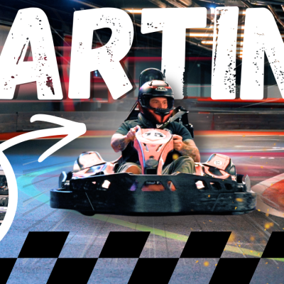 A YouTube thumbnail for a karting video. Large distressed white text across the top reads “KARTING.” In the center, a driver wearing a helmet races a red go-kart around an indoor track with motion blur and glowing sparks to emphasize speed. On the left, a circular inset photo shows two men leaning over a kart and working on it, suggesting maintenance or preparation. A white arrow connects the inset image to the main racing scene. Along the bottom is a black-and-white checkered pattern resembling a racing finish flag.